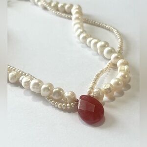 Handmade Freshwater Pearl Necklace with Red Teardrop Pendant